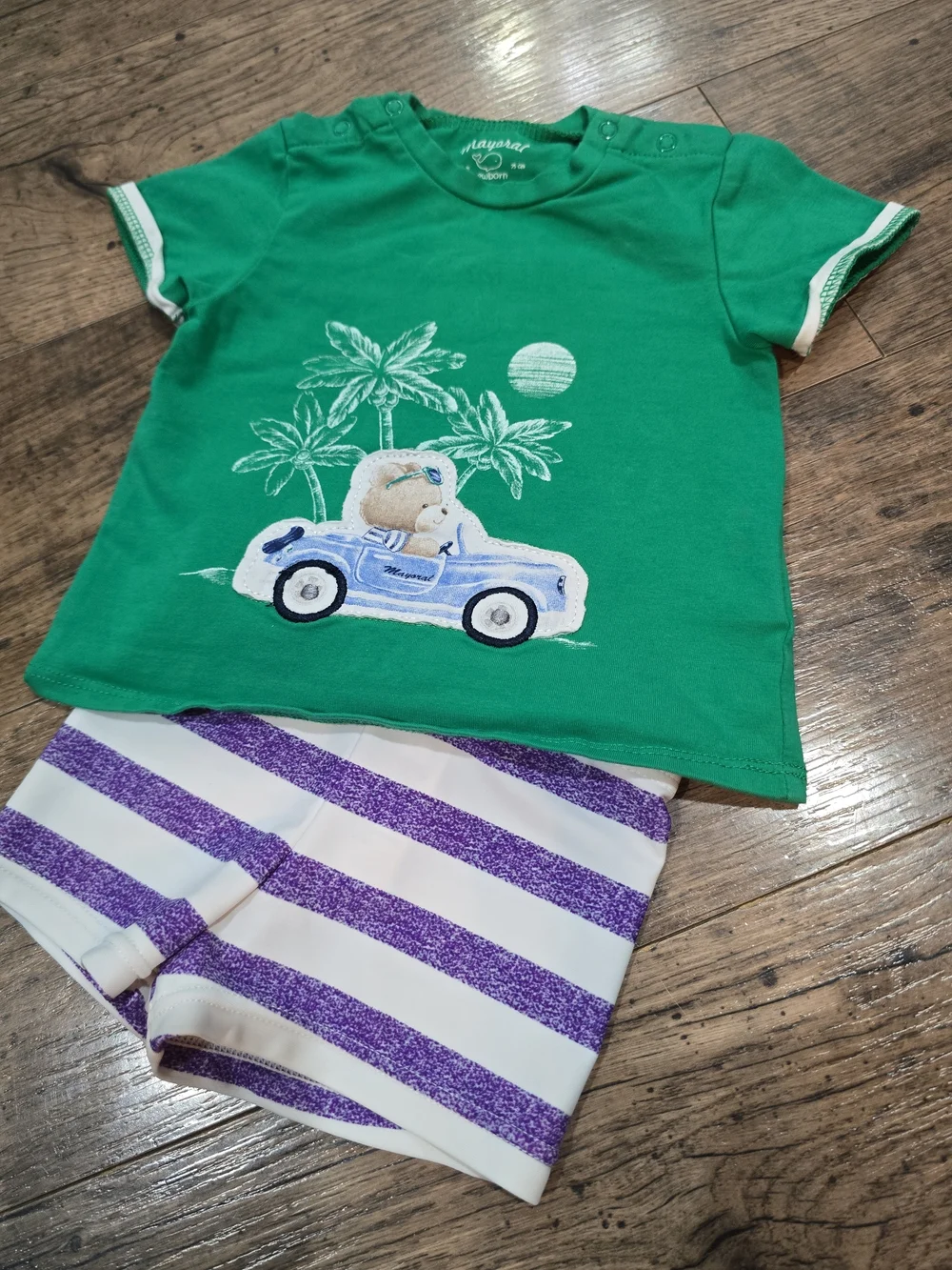 Mayoral Green Tee with Blue Car Bear and Blue-Striped Shorts 6/9 Months
